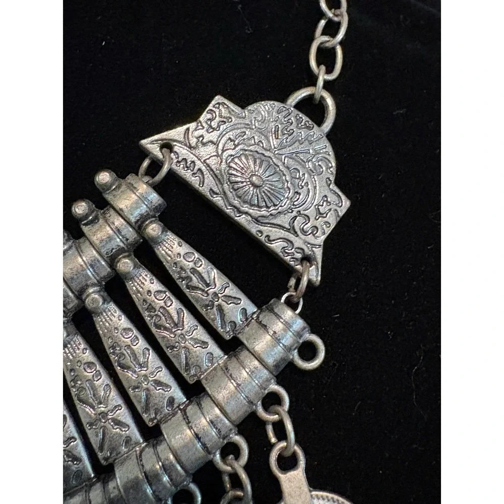 Bohemian Tribal Style Statement‎ Bib Necklace Silver Tone Arabic Coin Accents
